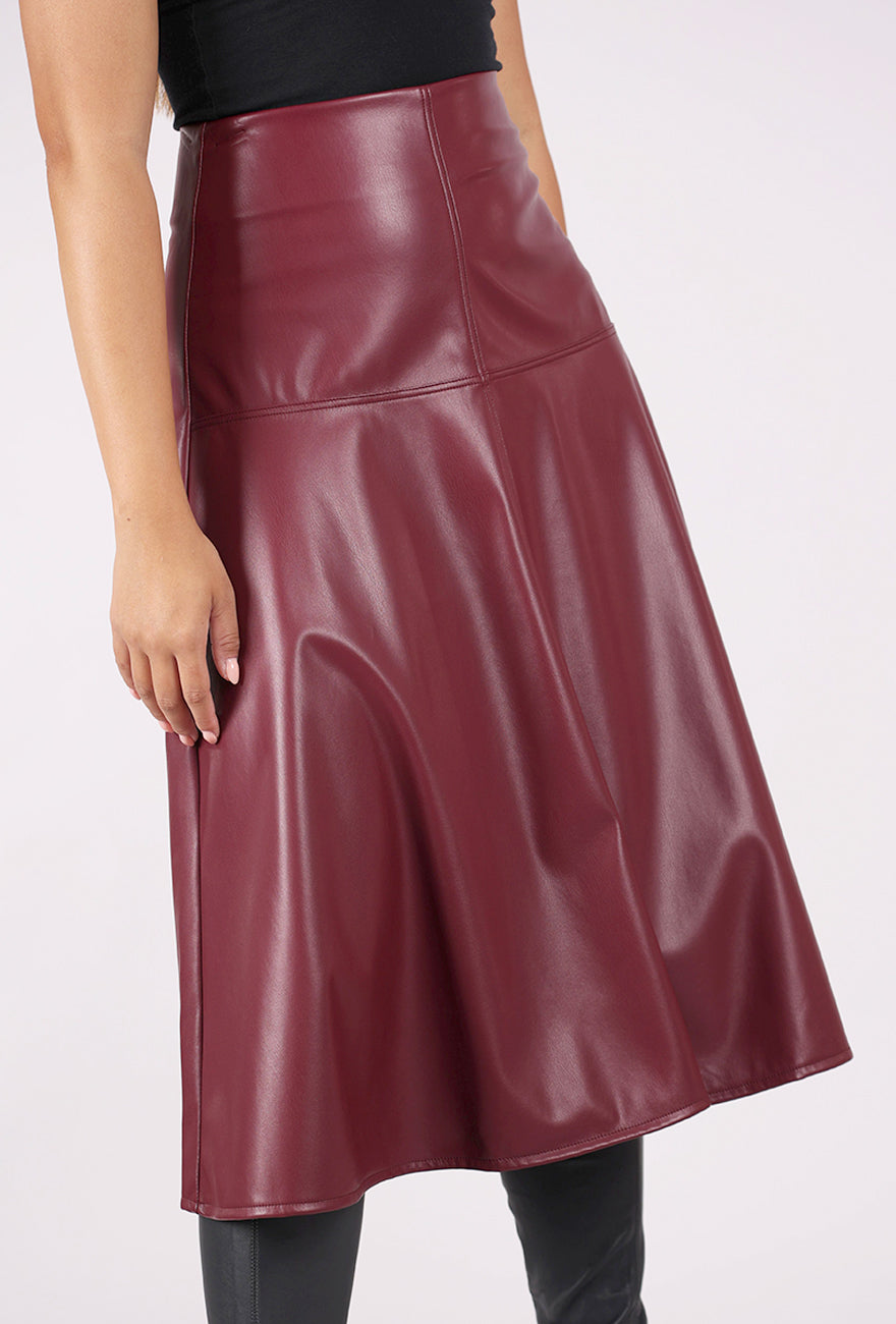 Isle by Melis Kozan Vegan Leather Godet Skirt, Cherry