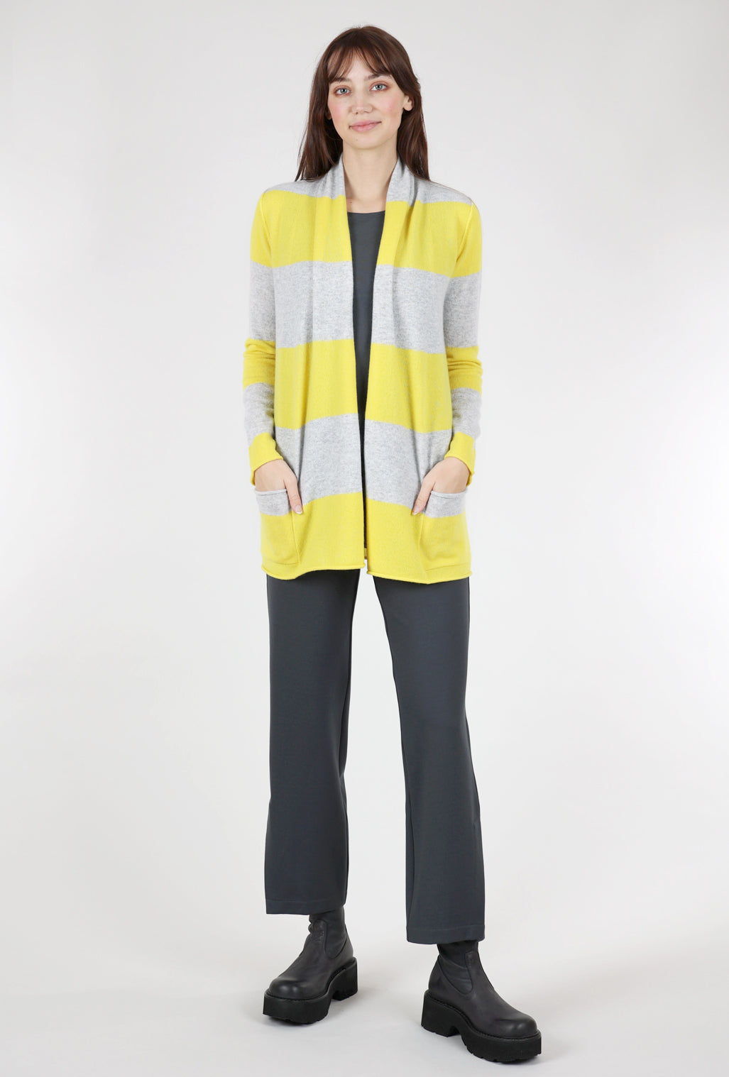 Pure Amici Striped Cashmere Open Cardie, Sunshine/Gray