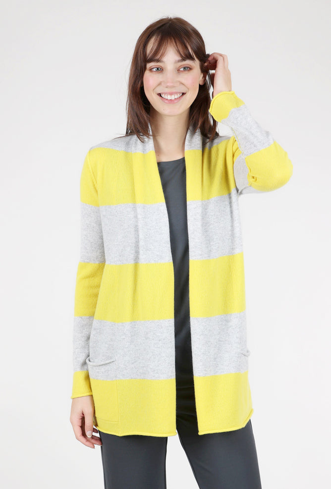 Pure Amici Striped Cashmere Open Cardie, Sunshine/Gray