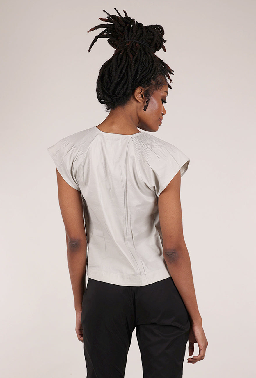Cotelac Micropleat Shoulder V-Neck Blouse, Argile