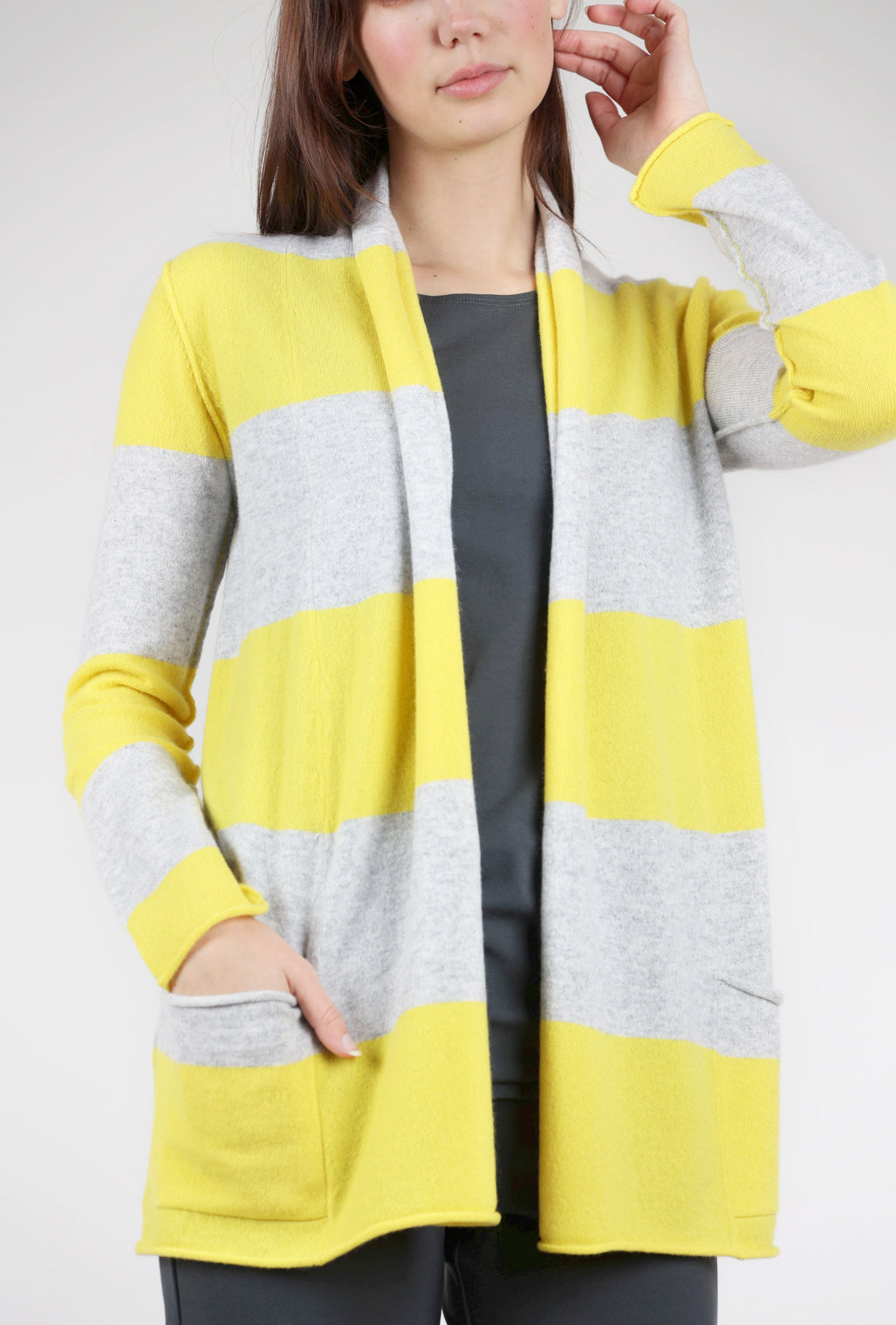 Pure Amici Striped Cashmere Open Cardie, Sunshine/Gray