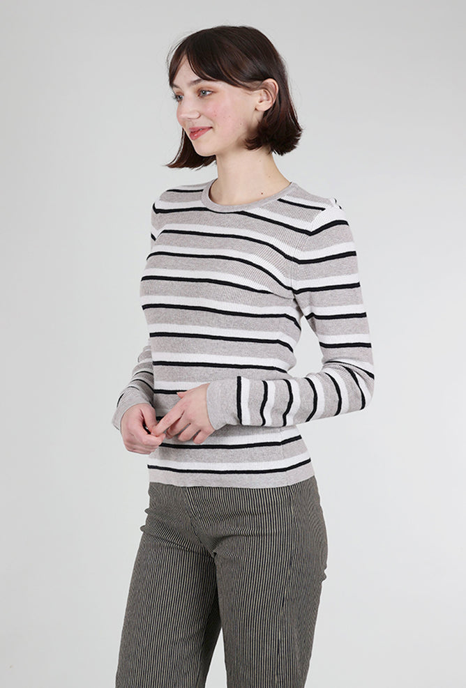 Kinross Cashmere Thermal Knit Stripe Crew, Pebble