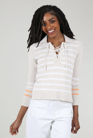 Kinross Lace-Up Stripe Polo Sweater, Champagne 