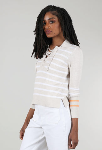 Kinross Lace-Up Stripe Polo Sweater, Champagne 