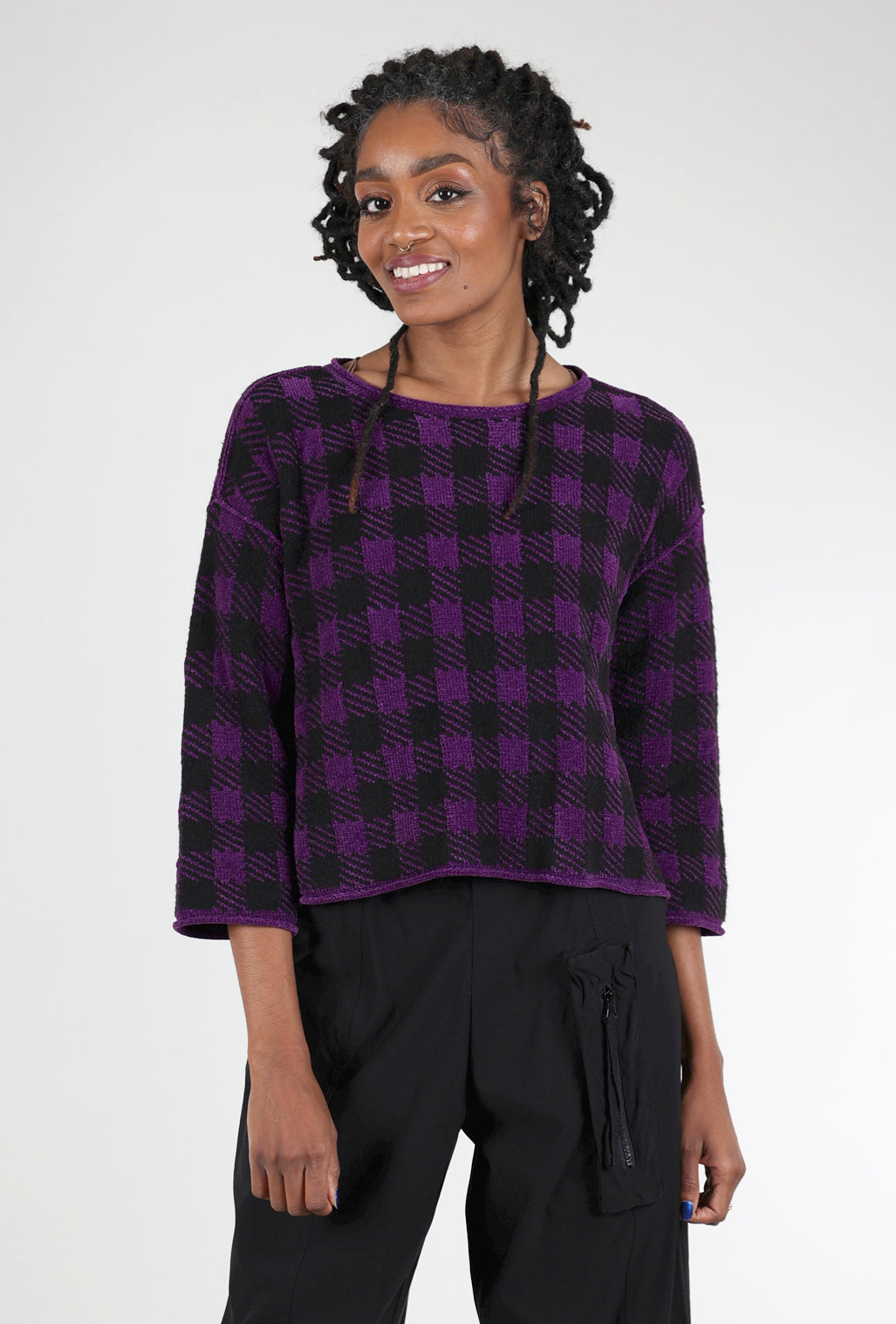 Liv Chenille Check Sweater, Amethyst