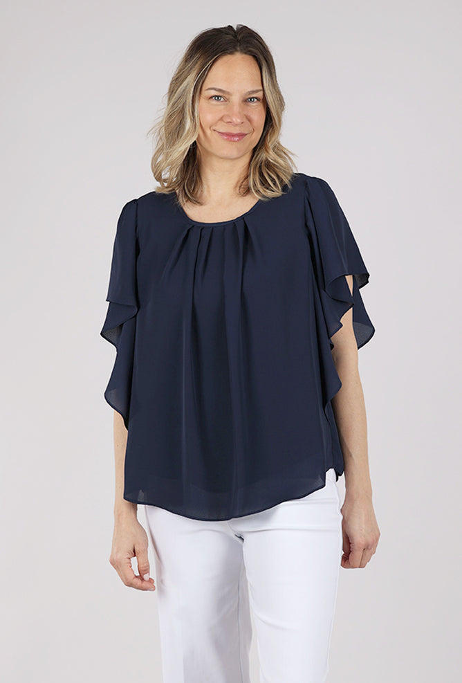 Estelle & Finn Pleat Front Flutter Blouse, Navy