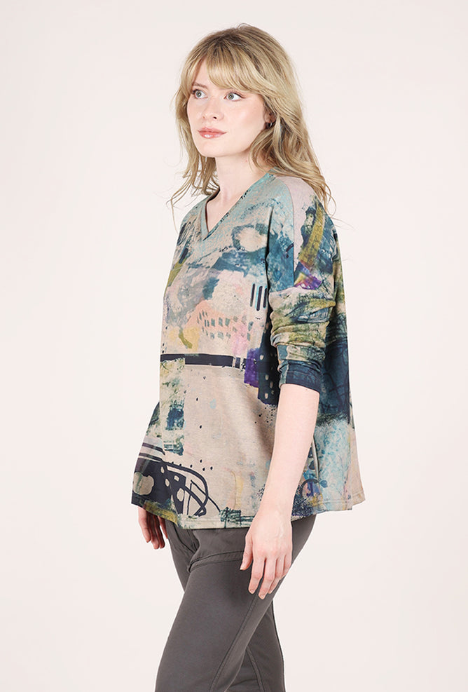 3 Potato Plush Print Vneck Top, Teal/Peach