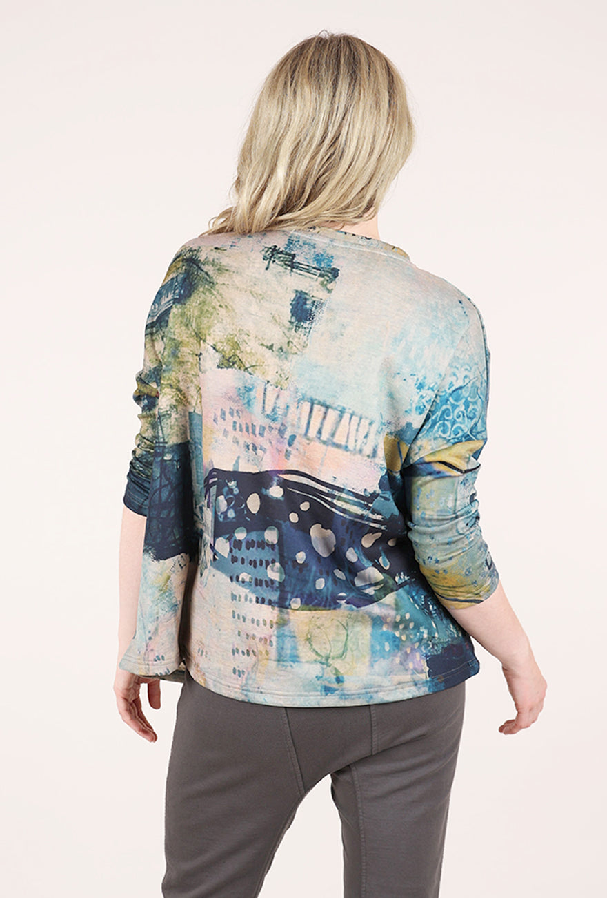 3 Potato Plush Print Vneck Top, Teal/Peach
