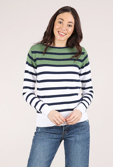 Kinross Cashmere Striped Boatneck Sweater, Navy Combo