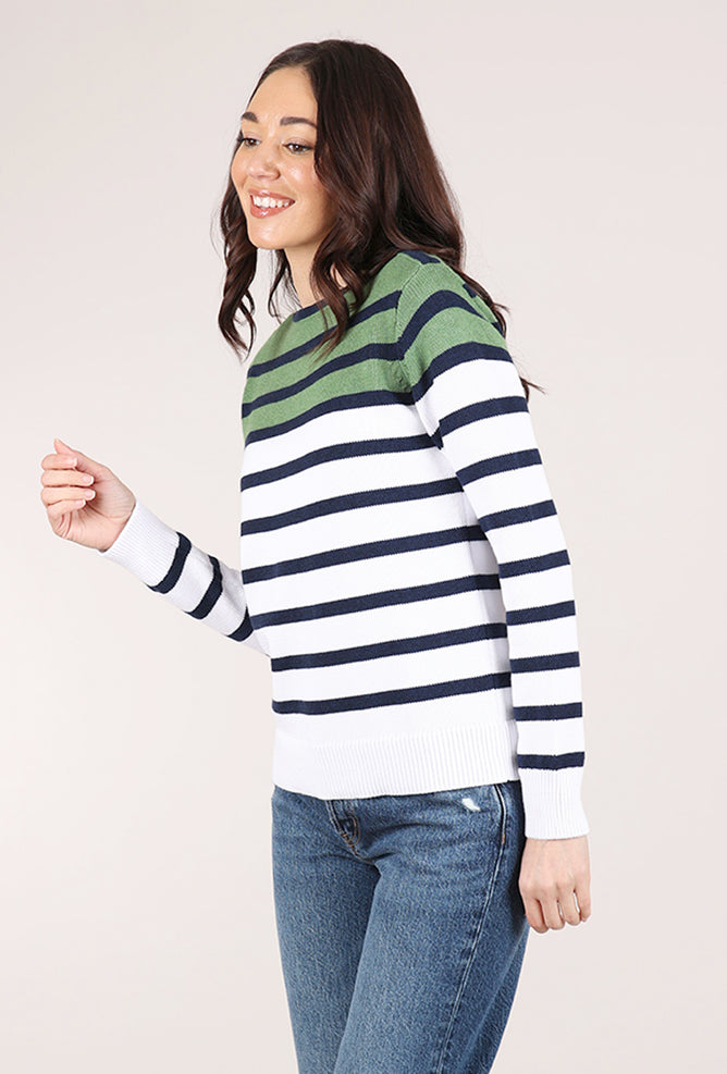 Kinross Cashmere Striped Boatneck Sweater, Navy Combo