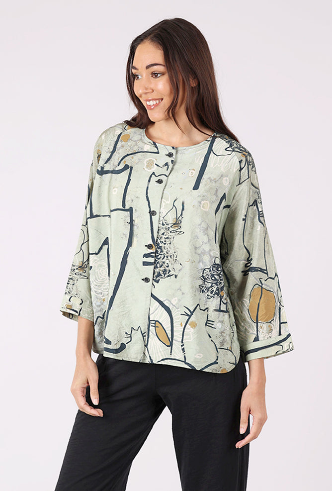 3 Potato Rounded Neck Pocket Top, Sage/Camel