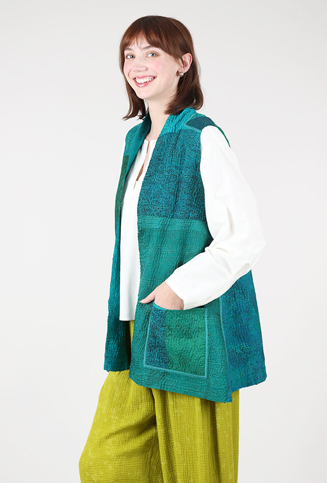 Mieko Mintz Jacquard Kantha Kimono Vest, Turquoise