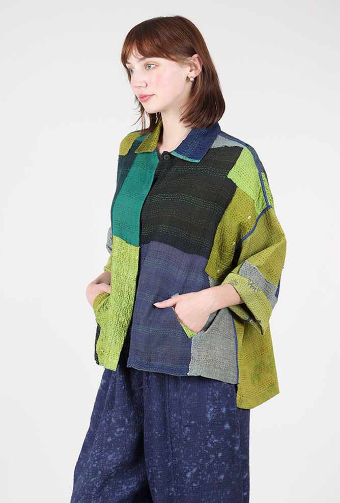 Mieko Mintz Marble Fray Crop Tent Shirt, Cobalt/Chartreuse