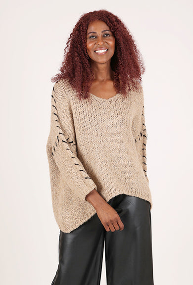 Avolto Whipstitch Contrast Pullover, Beige
