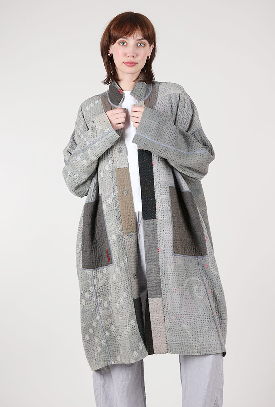 Mieko Mintz Frayed Patch Kantha Coat, Gray