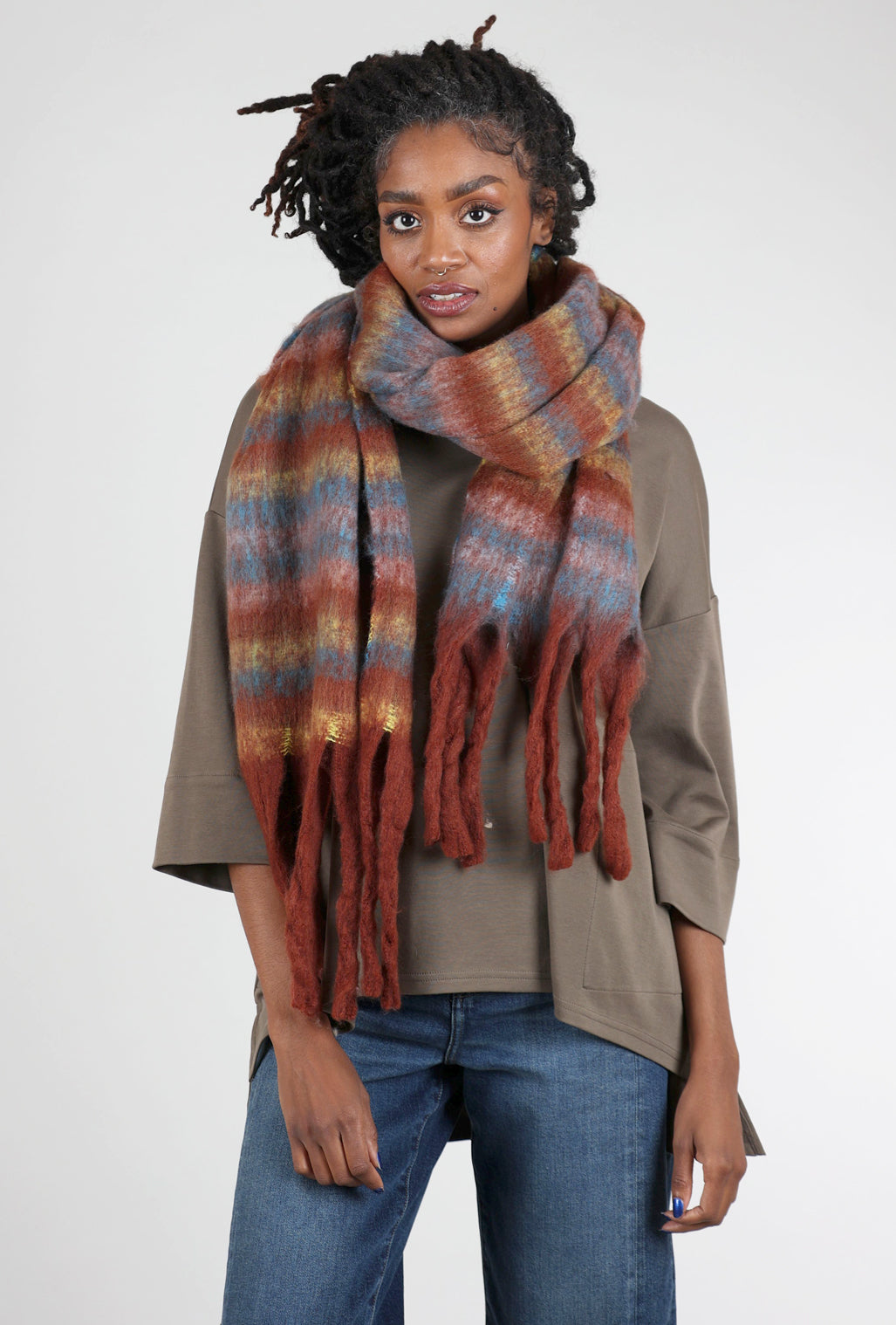 Knit Bon Bons Brushed Chunky Fringe Scarf, Caramel Combo