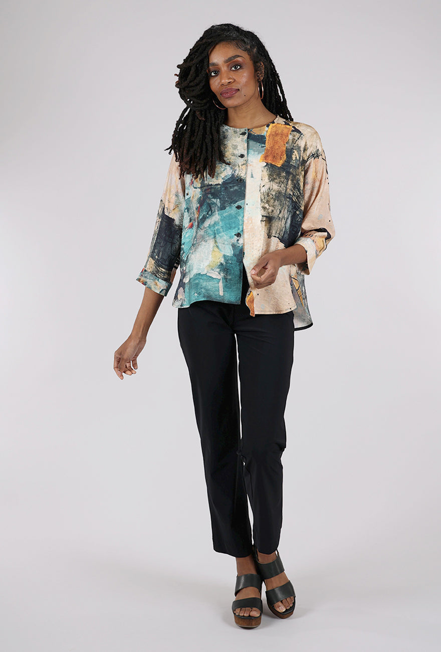 3 Potato Round Neck Button Front Top, Peach/Jade