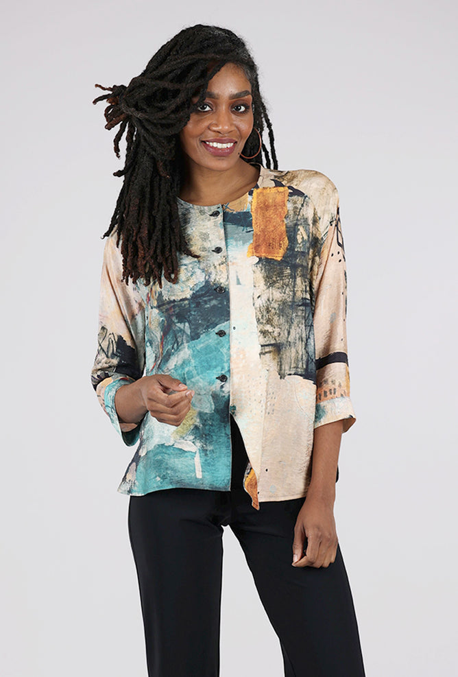 3 Potato Round Neck Button Front Top, Peach/Jade