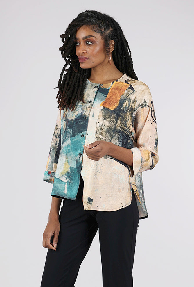 3 Potato Round Neck Button Front Top, Peach/Jade