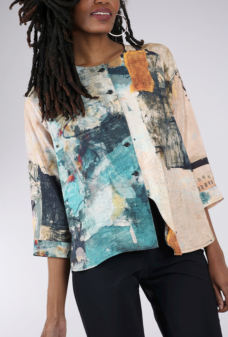 3 Potato Round Neck Button Front Top, Peach/Jade