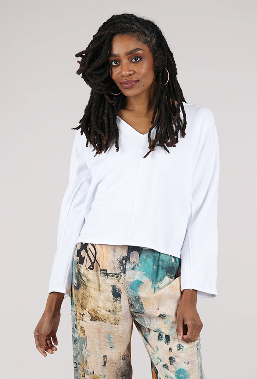 Mododoc Crop Dolman V-Neck Sweatshirt, White