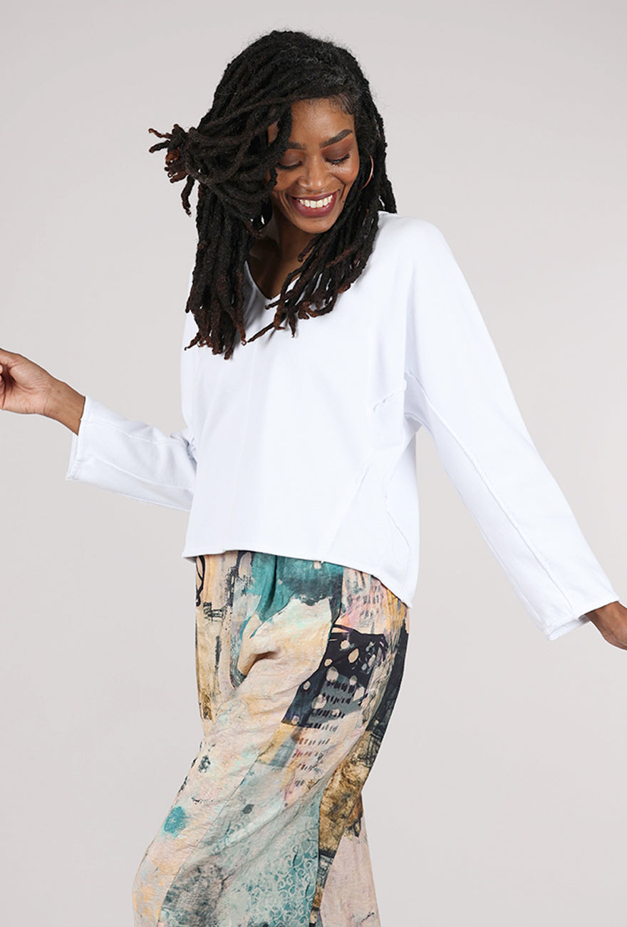 Mododoc Crop Dolman V-Neck Sweatshirt, White