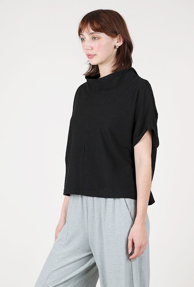 Cut Loose Jersey Roll-Sleeve Cowl Top, Black