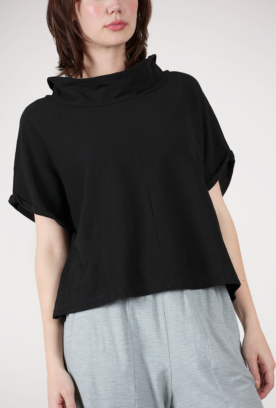 Cut Loose Jersey Roll-Sleeve Cowl Top, Black