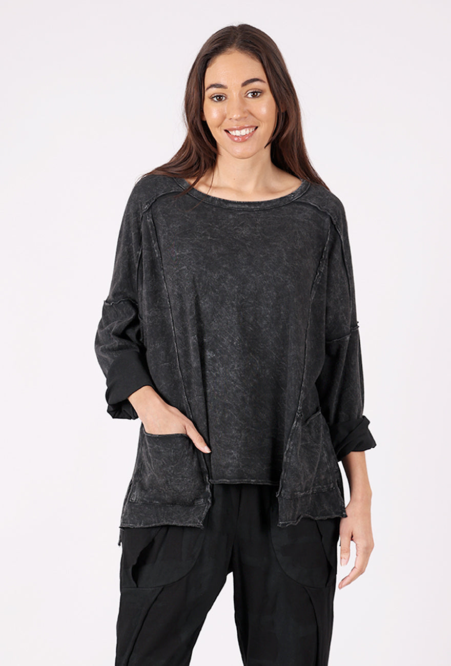 Cotton Lani Garment Dye Boxy Pullover, Washed Black