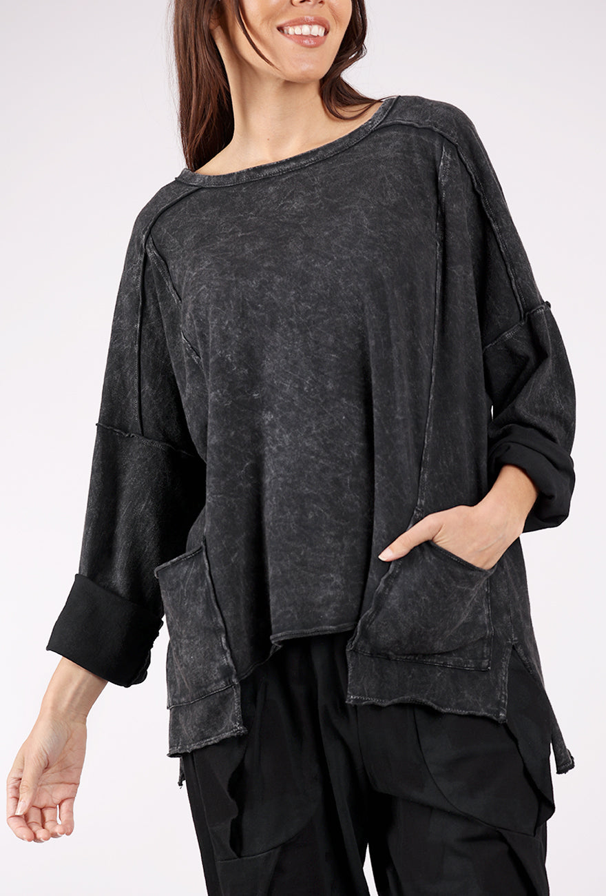 Cotton Lani Garment Dye Boxy Pullover, Washed Black