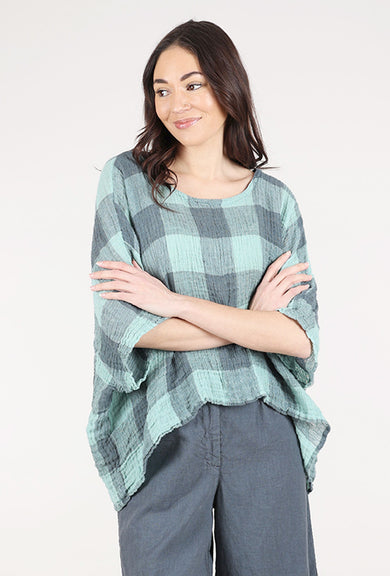 Grizas Linen Gauze Check Top, Mint/Coal