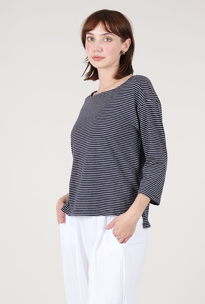 Mododoc Open-Neck Stripe Tee, Navy/White