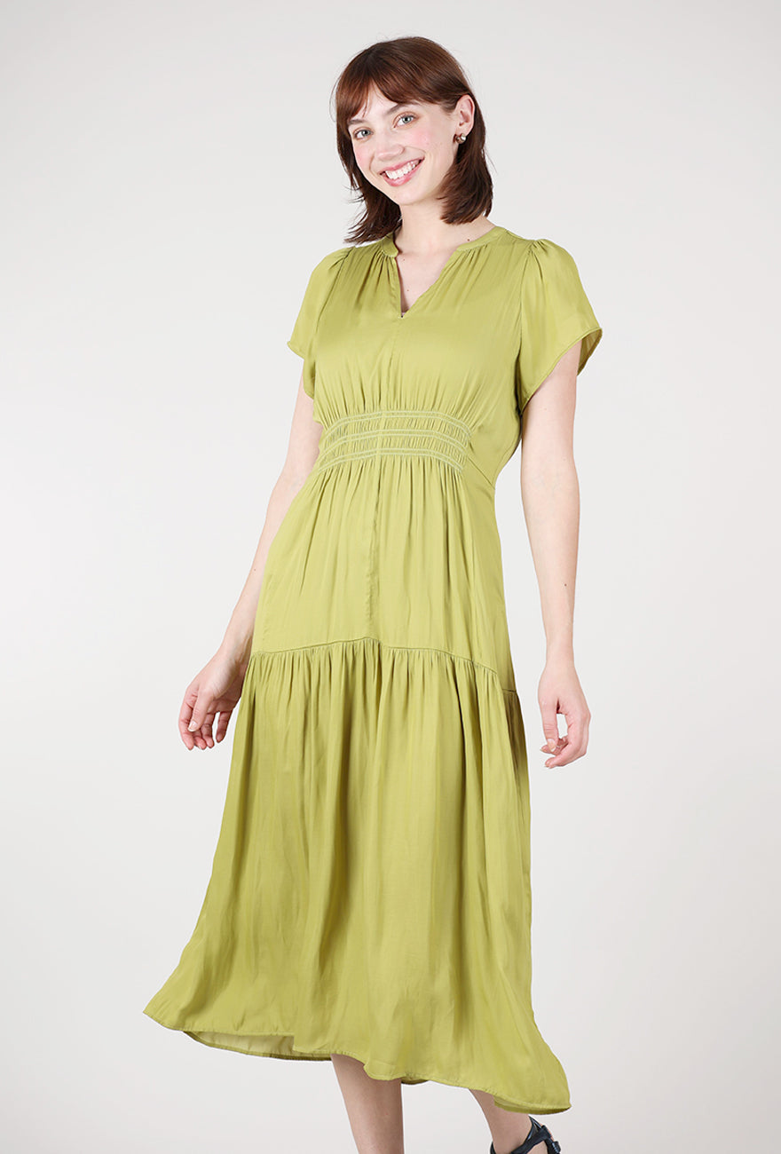 moss green midi dress Ruffle Sateen Dress, Yellow V Neck Lace x-mappingIndex:8951-28005 line silhouette with an Color:Amethyst Bloom