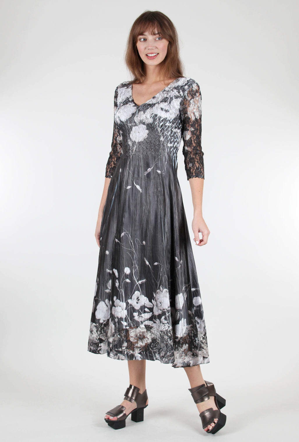 Komarov Lace Sleeve Charmeuse Dress, Black Opium