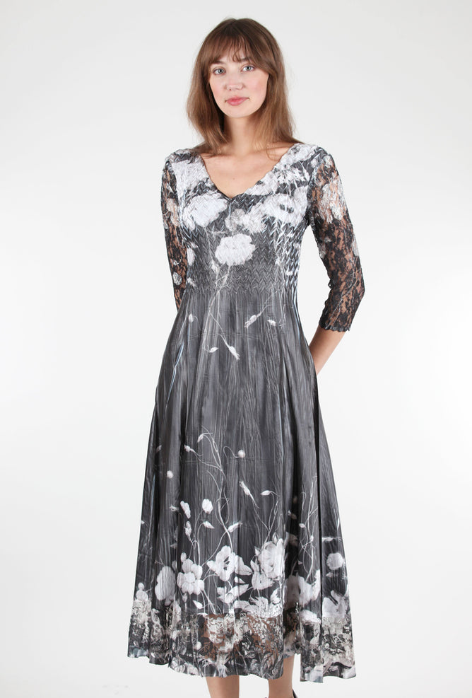 Komarov Lace Sleeve Charmeuse Dress, Black Opium