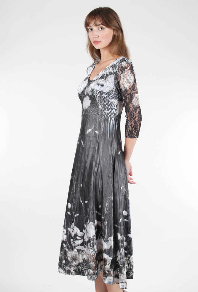 Komarov Lace Sleeve Charmeuse Dress, Black Opium