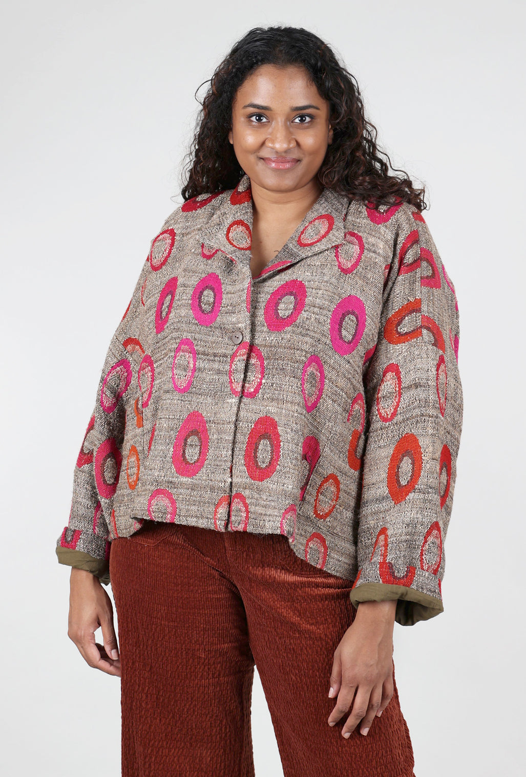 Neeru Kumar Wool Swing Annie Jacket, Khaki/Fuchsia