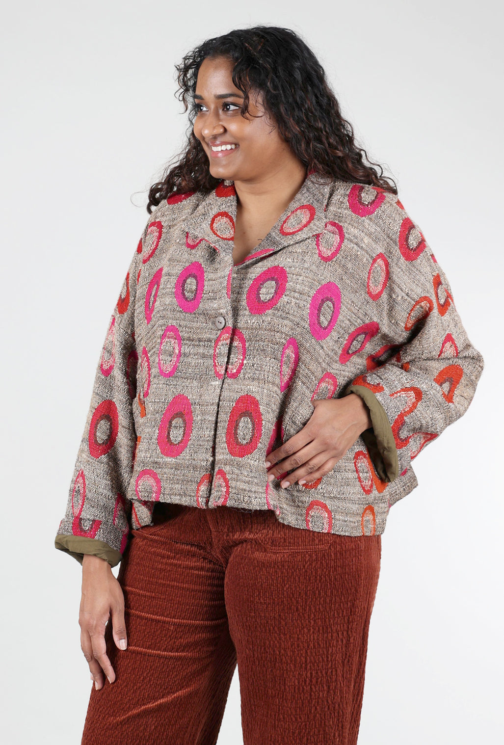 Neeru Kumar Wool Swing Annie Jacket, Khaki/Fuchsia