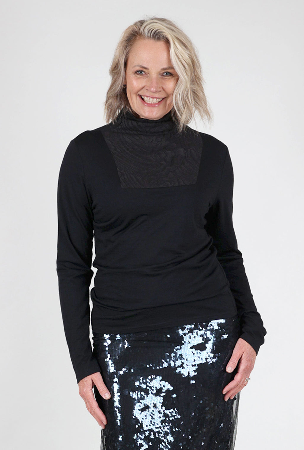 Cotelac Riverbed Inset Tneck Sweater, Black