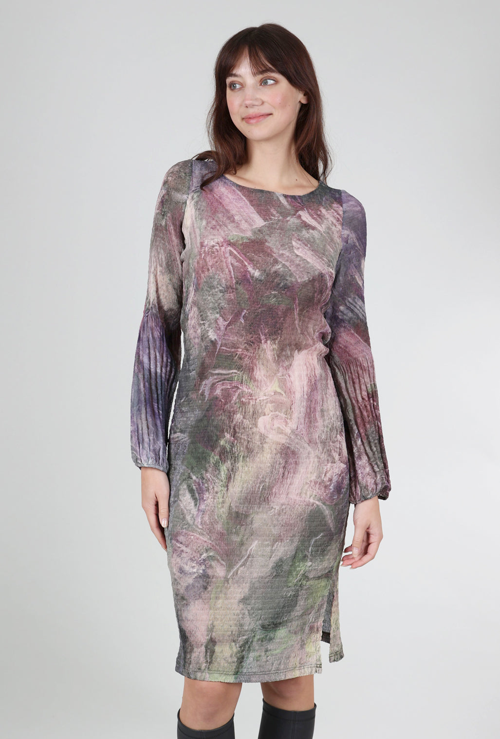 Cotelac Watercolor Puff-Sleeve Dress, Mauve Mix