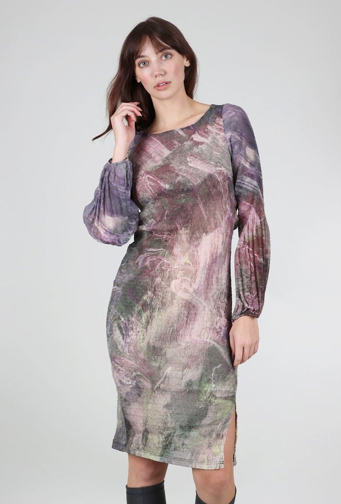 Cotelac Watercolor Puff-Sleeve Dress, Mauve Mix
