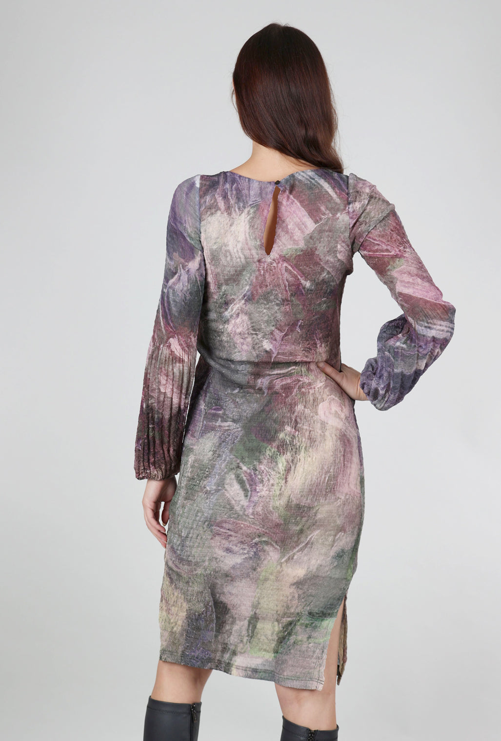 Cotelac Watercolor Puff-Sleeve Dress, Mauve Mix