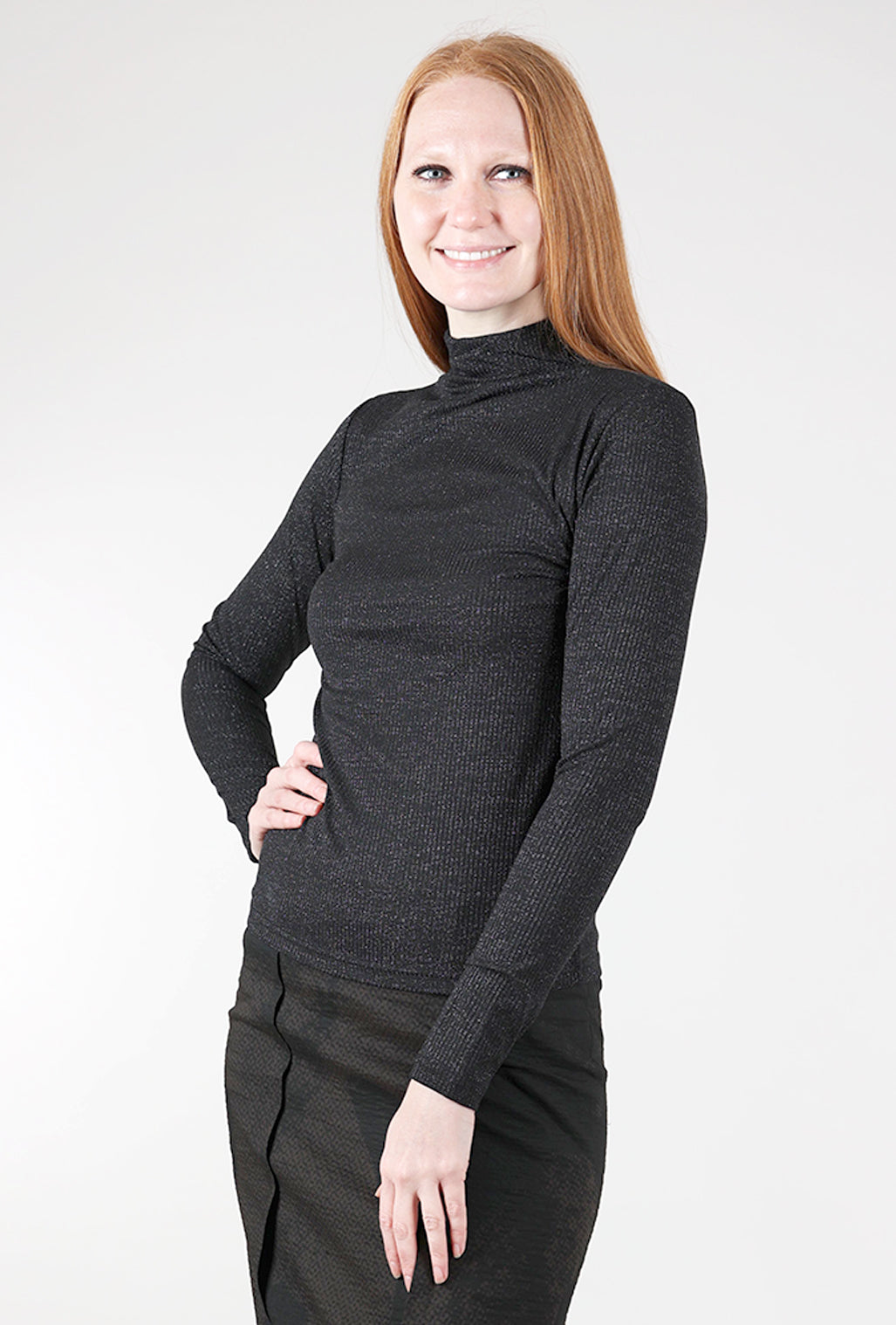 Mystree Shimmery Ribbed Mock Neck, Black
