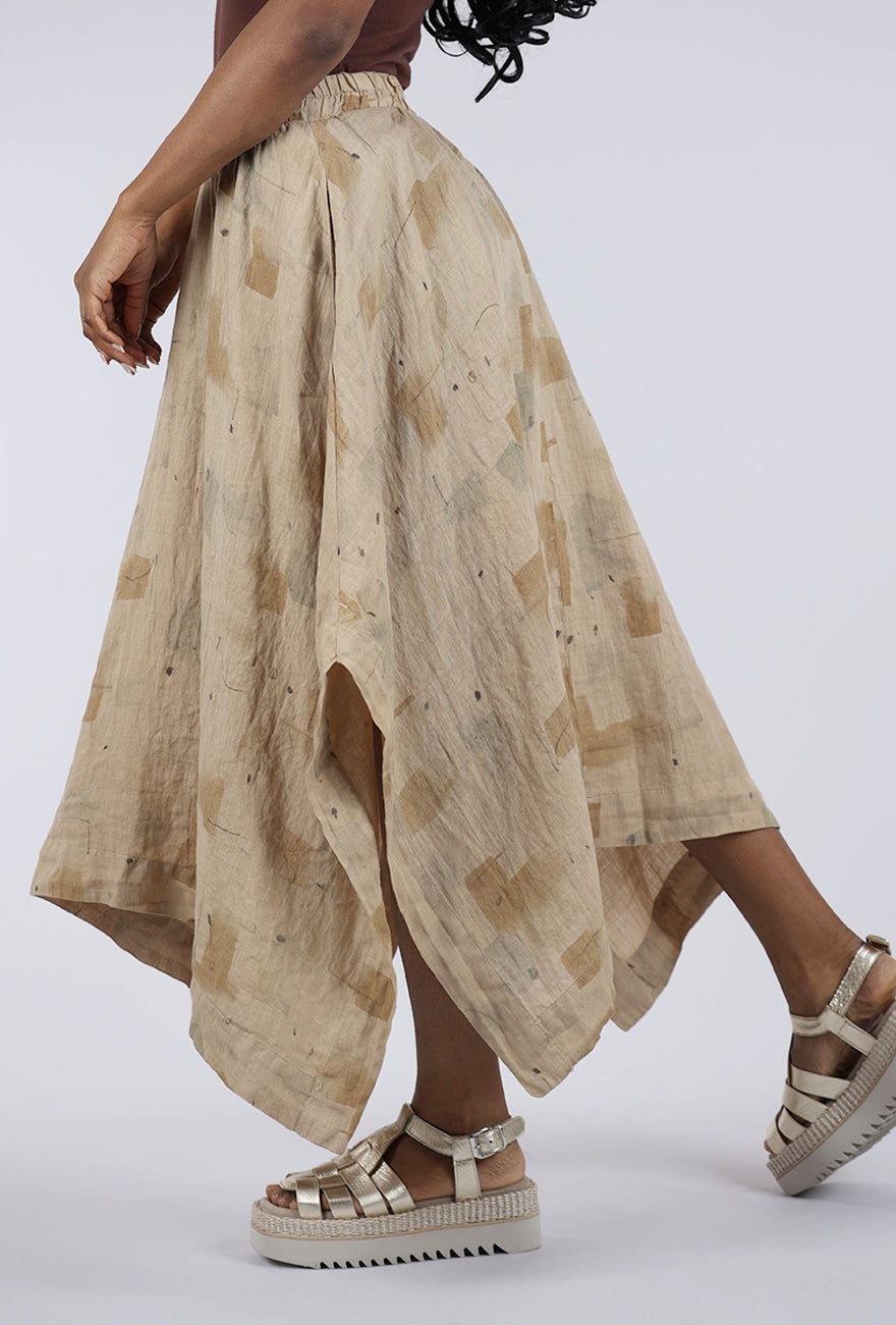 Cut Loose Brush Stroke Side Slit Linen Skirt, Cashew