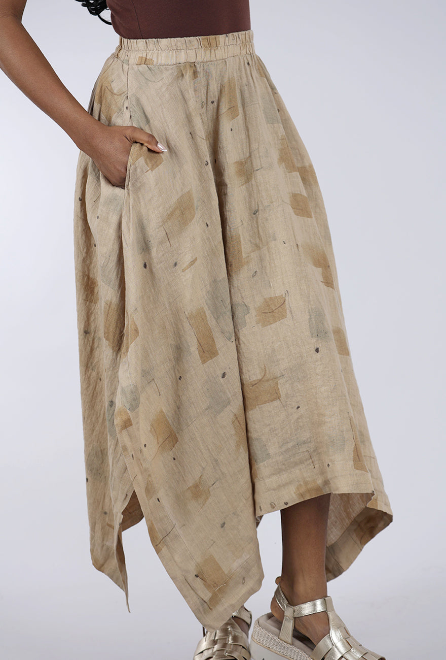 Cut Loose Brush Stroke Side Slit Linen Skirt, Cashew
