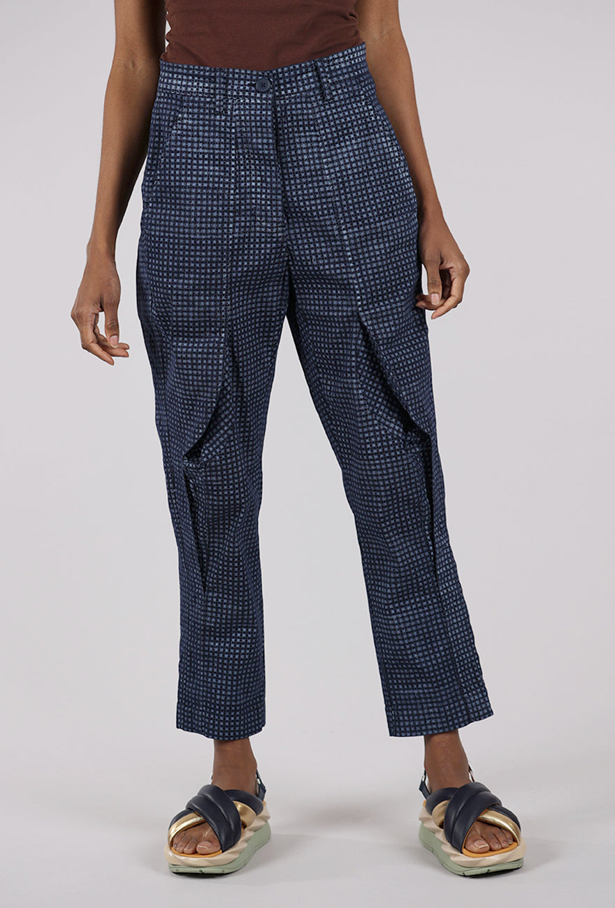 Rundholz Cotton Check Curve Seam Trouser, Navy