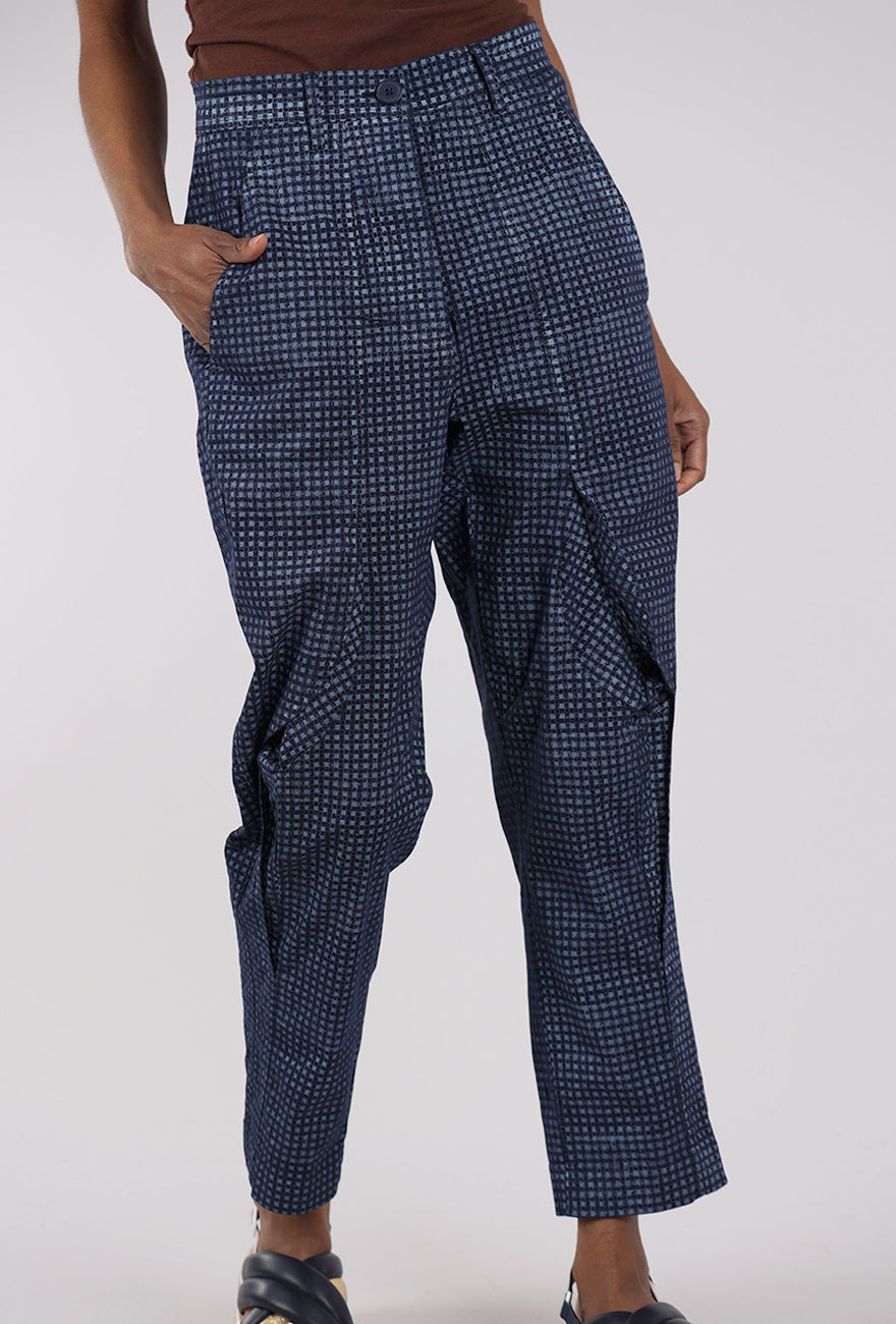 Rundholz Cotton Check Curve Seam Trouser, Navy
