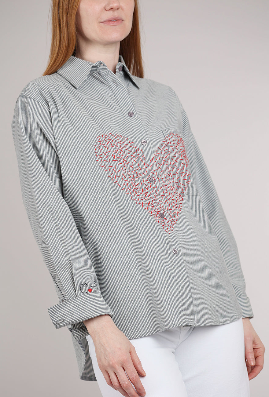 Cats With a Heart Carmen Hand-Embroidered Button Up, Blue & White