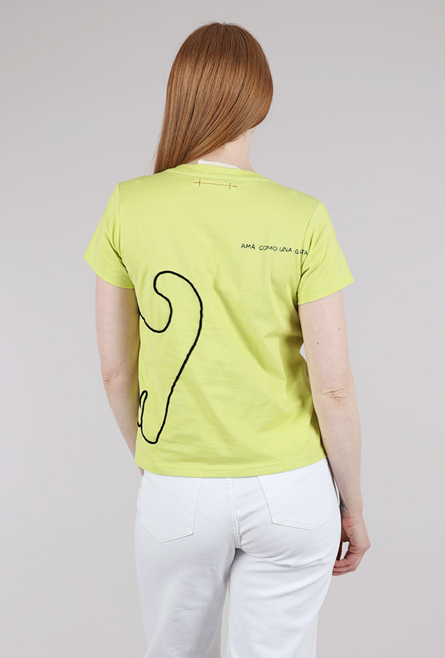 Cats With a Heart Amiga Hand-Embroidered Tee, Lime