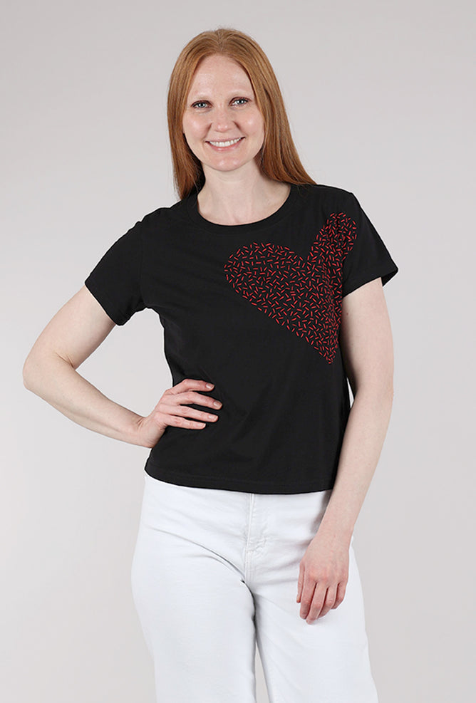 Cats With a Heart Big Heart Hand-Embroidered Tee, Black